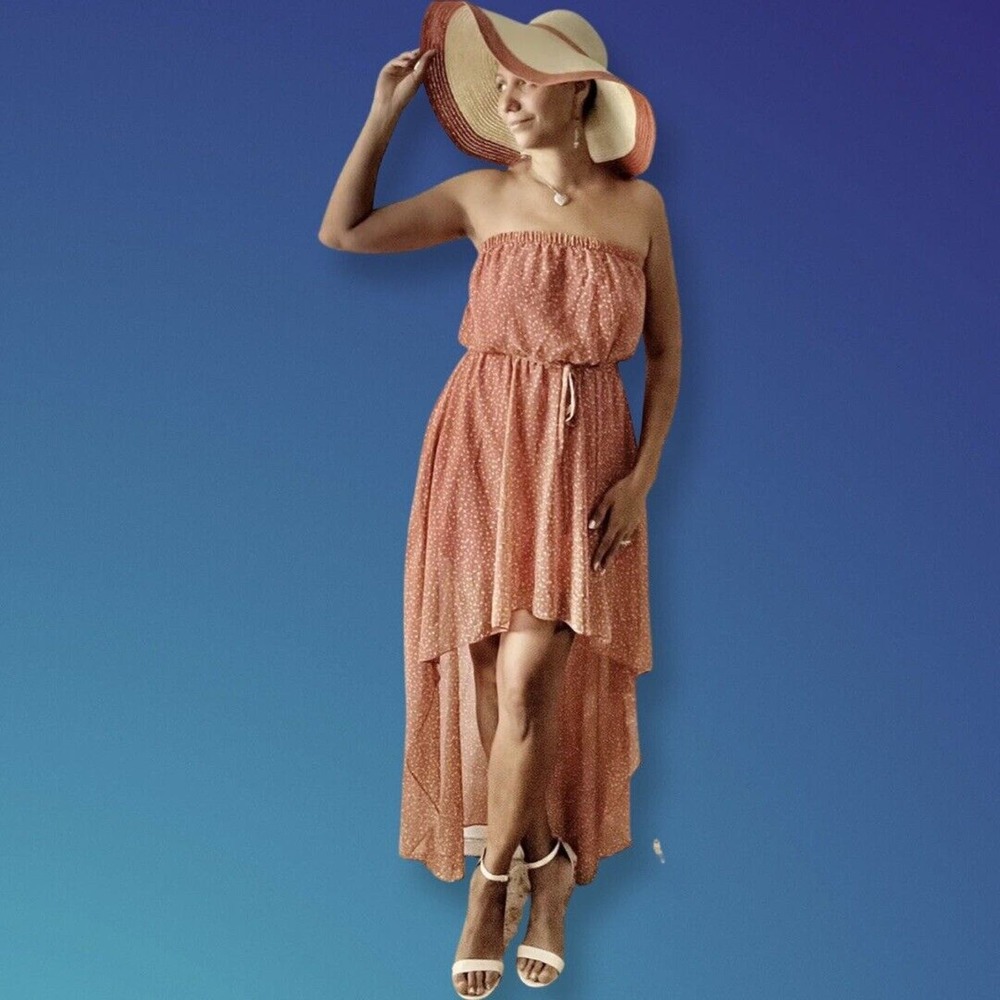 Stunning Pronto USA High-Low Asymmetric Coral Flower Strapless Sheer Flow Dress